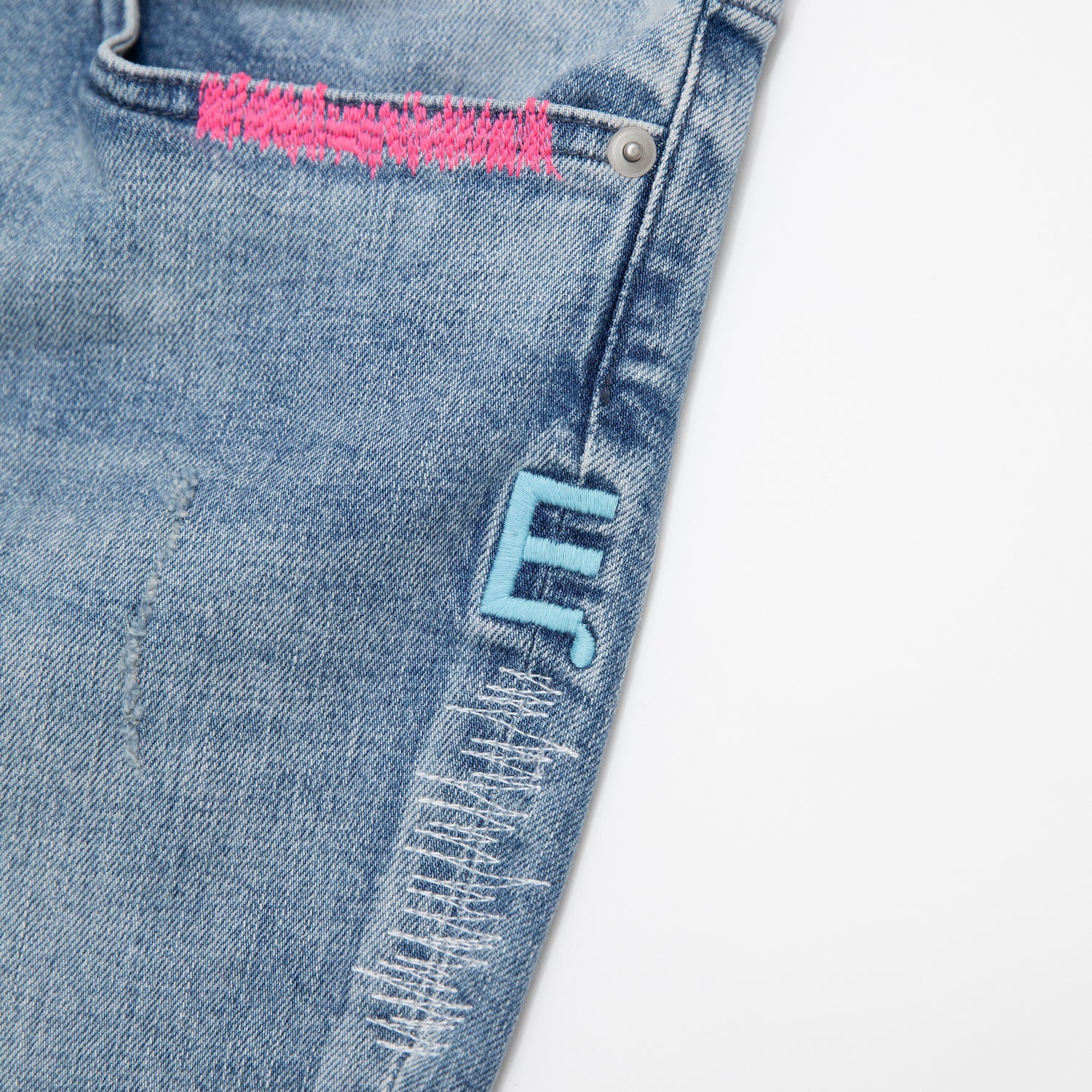 "E" CRUSHED &amp; REPAIRED DENIM